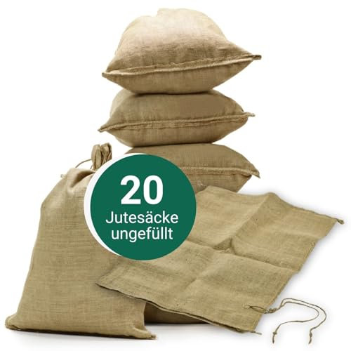 AGRI plus 20 Stück Hochwassersäcke unbefüllt I 40 x 60 cm I nachhaltige Hochwasserbarriere-Säcke aus Jute I Flutschutzsäcke mit Bindeband I stabile Sandsäcke mit Fassungsvermögen bis 20kg
