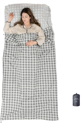 Exermil 100% Cotton Sleeping Bag Liner with Full Length Zipper on 3 Sides; Single/Double Adult Sleep Sack for Travel & Camping, Multifunctional Travel Sheets (Unzipped 87”x87”) for Hotel, Lightweight
