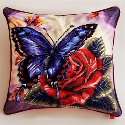 Taxpy DIY Knüpfhaken-Set, Kissenbezug, Latch Hook Kissen Kit, Knüpfkissen Set Anfänger Erwachsene zum Selber Knüpfen, Knüpfteppich Knüpfpackung, 43x43cm(Blumen und Schmetterlinge,F)