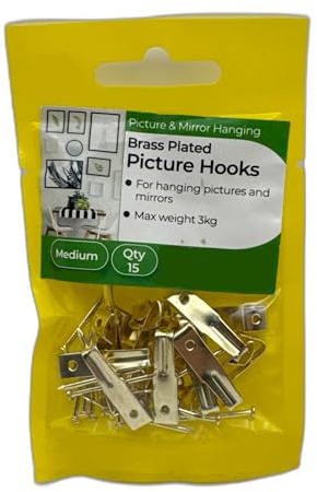 Aretro Brass Plated Picture Hanging Hooks, Medium, Pack of 15 Hooks & Pins, for Pictures, Mirrors, Max Load 3kg 043450N (Medium, 15, Count)
