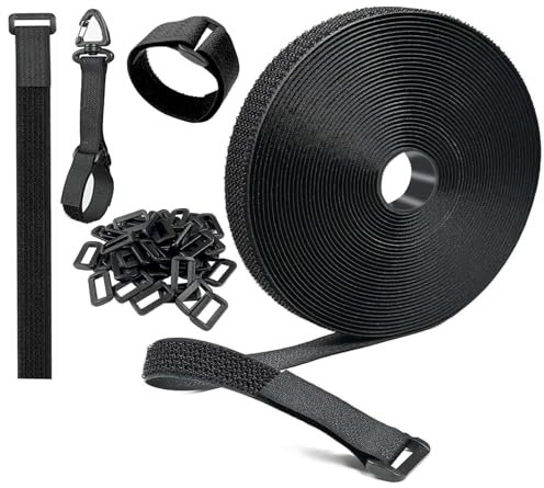 GENESIS® Sujetacables Reutilizables, Bridas Negras + 30 hebillas + 5 Ganchos, Abrazadera de Cable de Longitud de Corte Libre, Uso Oficina, Jardin, Hogar, Nylon Negro (10m x 2cm)