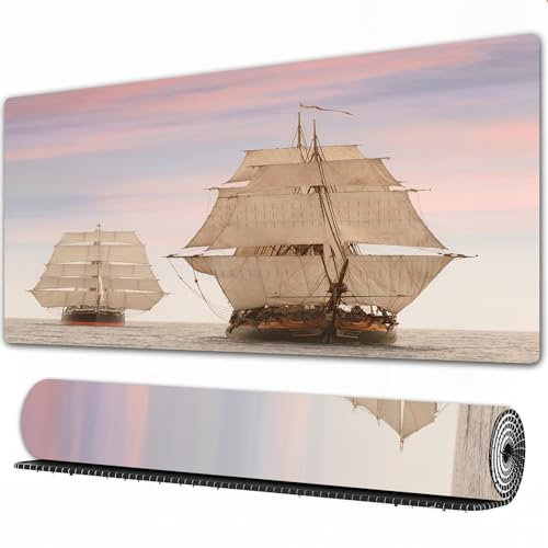 EOMKSE Mauspad Verlängertes großes Mauspad Schreibtischauflage,genähte Kanten Mauspad,Gummibasis,Ozean, Segelboot Gaff Top Sail up Holz Segelschiffe Wellen Kunstdruck Foto,Gaming-Mauspad,40x90 cm