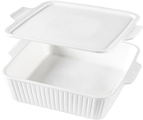 Dizada Casserole Dish for Oven with Lid, 10'' Square Baking Dish, Ceramic Baking Dish, Baking Pan with Handles, Lasagna Pan Bakeware Oven Safe Baking Dish for Oven, Cake, Kitchen, Microwave