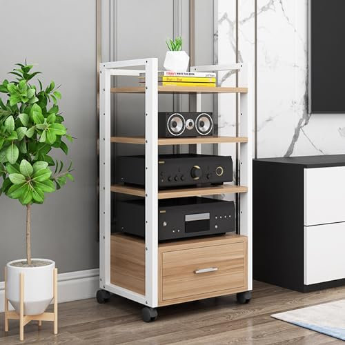 SGKOMN 4-Tier Movable Audio Tower AV Media Stand CD Player Stand Stereo Component Storage Cabinet and Open Media Center with Height Adjustable Wooden Shelf a(A-50X40X100CM)
