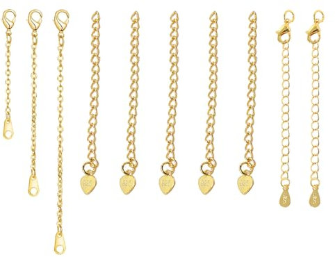YGCQFH 10 Pcs Gold Necklace Extender, 18k Gold Plated Chain Extension, Jewelry Chain Extenders for Necklace, Bracelet, or Anklet (Lobster Claw Clasp 3/4/6 Inch, Heart Shaped 57mm, Water Droplet 5cm)