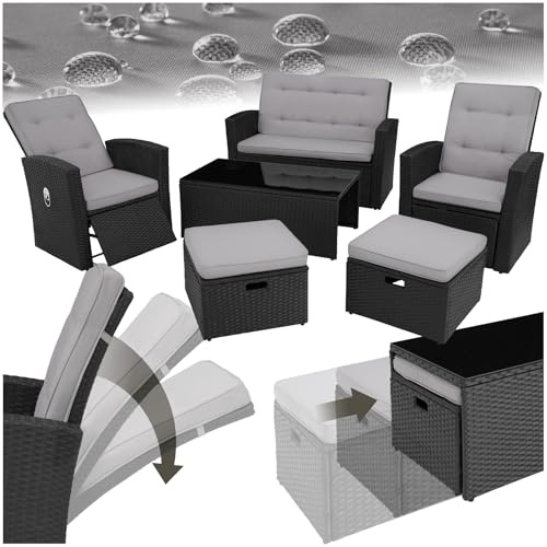 tectake® Balkon Lounge Sitzgruppe für 6 Personen, 2 gemütliche Sessel, 2 Hocker, 1 Couch, 1 Tisch mit Glasplatte, Poly Rattan Geflecht, Gartenmöbel Set, Balkonmöbel, Loungemöbel wetterfest - schwarz