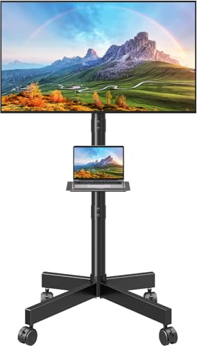ELIVED Mobile TV Stand on Wheels, for 26-65 Inch TVs, Height Adjustable & Tilt Rolling TV Cart Trolley, with Laptop Shelf, Max VESA 400x400mm, Holds up to 35kg, EV1117