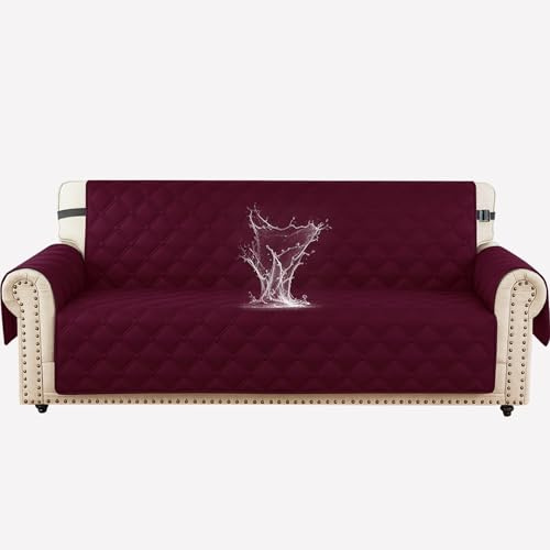 Ystyle Wasserdicht Sofa Überzug 3 Sitzer, Gesteppte Sofabezug Mit Seitentaschen, Wohnzimmer Antirutsch Waschbar Sofaschoner, Couch Überzug Kratzfest Für Haustiere Hunde Katzen, Burgunderrot