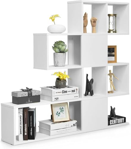 FANTASK 4-stöckiges Bücherregal, Raumteiler Regal aus Holz, freistehendes Treppenregal (Weiß)