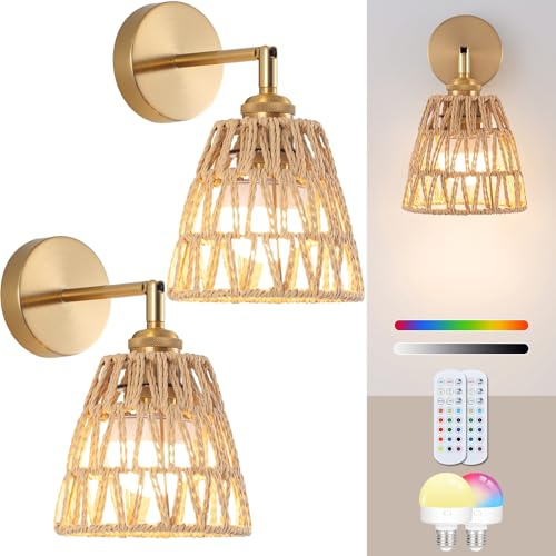 Vloitgol Battery Operated Wall Lights Set of 2, Gold USB Rechargeable Wall Lights LED with 2500mAh Dimmable Bulbs and Remote, RGB 15 Colors Wireless Wall Lamp for Indoor Bedroom LivingRoom Hallway