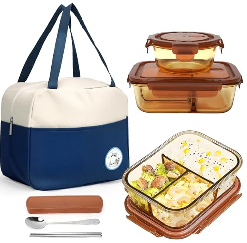 RAIN QUEEN 3 Fächern Lunchbox mit Suppenschüssel, Aufbewahrungstasche und Besteck – Tragbares Glas Brotdosen Set Geeignet für Schule, Arbeit, Picknicks und Reisen, Bento Box für Erwachsene und Kinder | Unterteilte Bento Box,Geeignet für Schule,Arbeit,Picknick, Glas Lebensmittelaufbewahrungsbox, Erhitzen und Gekühlt Werden