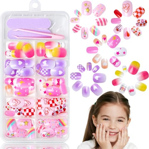 120 Stück Nägel aufdrücken für Kinder - 5 Style künstlichen falschen Nägeln Set mit Jelly Kleber - Wiederverwendbare und Ungiftige Fake Nail Press on Nails für Mädchen Kleinen Händen Damen (BSet)
