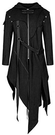 luoluoluo Mens Steampunk Hooded Jacket Gothic Trench Coat Zipper Jackets Victorian Frock Coat Irregular Windbreaker Long Sleeve Overcoat Vintage Tailcoat Goth Punk Coats Halloween Cosplay Costume
