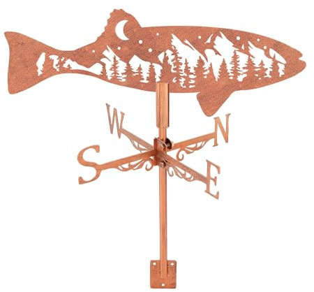 SUPERDANT Fischförmige Wetterhahn Mit Berglandschaft Motiv Metall Windrichtungsanzeiger Mit Montageset Für Dach Kupferne Wetterfahne Zur Dekonation Von Garten Farm Hof Pavillon Carport Geschenke