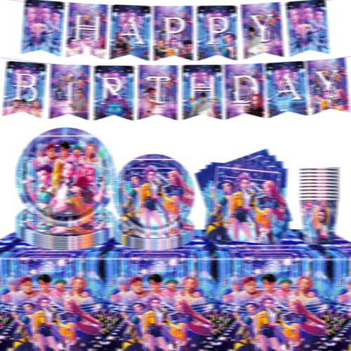 WENAUANG Geburtstag Dekoration Partygeschirr Set, Fächer Party Dekorationsset, Happy Birthday Tischdecke, Teller,Tassen, Taschentücher, Fahnen, Themen Tortenaufsätze (Purple)
