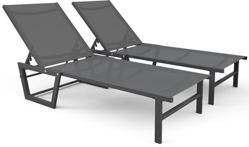 VOUNOT® Set di 2 Lettini Prendisole in Alluminio Tessuto Textilene Schienale Reclinabile a 5 Posizioni, Sdraio da Giardino con Portata Max 180 kg, per Piscina, Terrazza, Spiaggia e Campeggio, Grigio