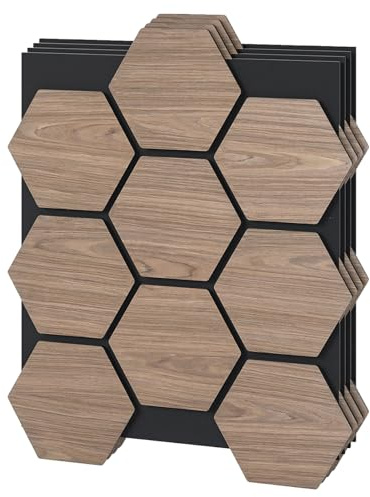 COSTWAY 3D Akustikpaneele 4er Set, 81 x 66 cm Wandpaneele mit sechseckigen Holzplatten & Akustikschaumstoff, Schallschutzplatten Wandverkleidung für Decke & Wand