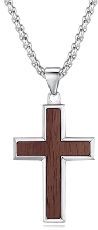 REVEMCN Wooden Cross Necklace for Men – Black Walnut & Stainless Steel Cross Pendant with Adjustable 18–24 Chain, Christian Jewellery Gift for Son (Black Walnut - S, 20 + 2 Extender (51 + 5 cm))