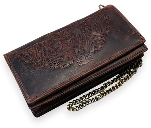 MDM bikerplånbok med RFID-skydd, äkta läder, motor- och vingprägling, 12 kortfack, blixtlåsficka, med metallkedja, 17 x 10 x 3,5 cm, BRUN, 10.0 X 12.5 X 2.5 Centimeters, Biker