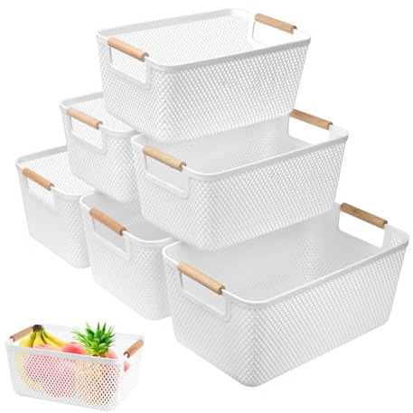 6 Packs White Plastic Storage Boxes with Wood Handle, Storage Baskets | Durable Stackable Storage Box for Shelves, Kitchen, Office, Cupboard, Fridge, Bathroom, Organiser Boxes, Open Storage Bins