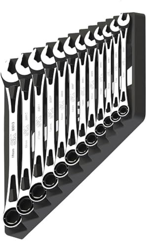 SK Hand Tool 80019 12 Piece X-Frame 6 Point Metric Fractional Combination Steel Ratcheting Wrench Set, Chrome, 1.7° Arc Swing, 216 Positions, Made in America