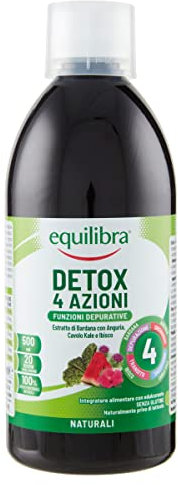 equilibra Integratori Alimentari, Detox 4 Azioni, Integratore Depurativo, Drenante, Favorisce la Digestione, Da Diluire, Gusto Frutta, Con Bardana, Colina, Cavolo Kale, Ibisco, Anguria, 500ml