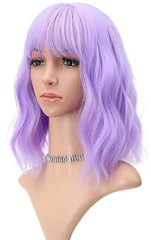 FAELBATY Parrucca ondulata Parrucche viola corte con frangia d'aria parrucca lunga da donna parrucca da donna riccia ondulata sintetica Halloween Cosplay parrucca per costume da ragazza colore viola