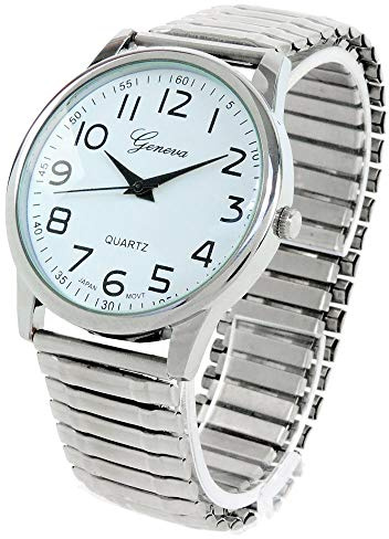 STC Silver Large Face Easy to Read Stretch Band Watch