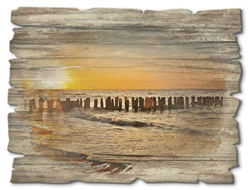 ARTland Wanddeko Bild aus Holz Holzbild vintage Deko 40x30 cm Querformat Strand Sonnenuntergang Meer Küste Ostsee Himmel Maritim T3ZU