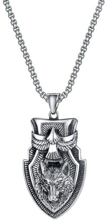 Collana lupo per uomo, collana scudo lupo aquila, collana pendente testa di lupo vichingo norreno con catena da 25,6 pollici, collana amuleto totem lupo celtico vintage, gioielli lupo animale punk