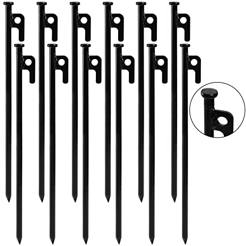 Suwimut 12 Pack Tent Stakes, 12 inch/30cm Black Forged Heavy Duty Steel Tent Pegs for Nailing Tents, Canopies, Tarps, Metal Ground Stakes for Outdoor Camping, Hiking, Backpacking
