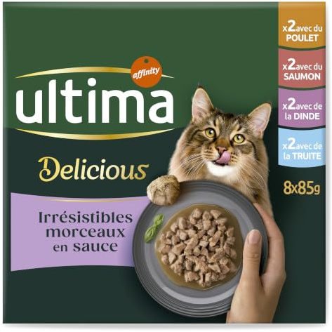 Ultima Fit & Delicious - Comida húmeda para Gatos Esterilizados - Multipack de 8x85g (Pollo, Pavo, Salmón, Trucha)- Caja de 8 x(8x85g)