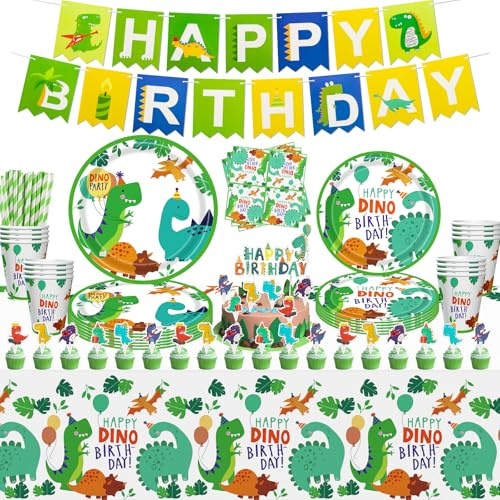 131 PCS Dinosaurier Geburtstagsparty Dekorationen für Jungen - Geschirr Set, Party Teller Set, Dino Kuchenaufsätze, Luftballons, Tischdecke für 20 Personen