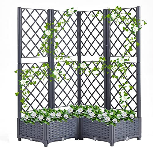 Mingone Rankgitter Hochbeet Pflanzgefäss Blumenkasten mit 3 Pflanzgefäß Wasserspeicher Balkonkasten Rattan Optik für Garten Terrasse 80x80x121cm，Grau