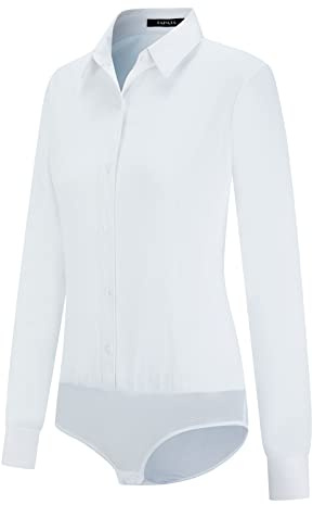 Tapata Womens Bodysuit Blouse Button Down One-Piece Long Sleeve Solid Office Work Shirt Casual Tops, White, Large