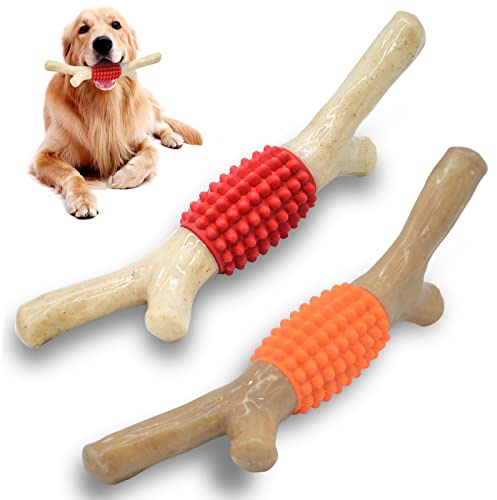 2-pack hundtuggleksak för aggressiva tuggor, robust stor bitpinne av nylon och gummi med äkta bacon-smak för stora medelstora raser, oförstörbar slitstark hundleksak