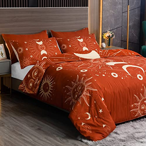 HOMHOMHA Double bedding set - Sun & Moon Duvet Cover set - 3PC Burnt Orange Bed cover 200x200 cm+2* Pillowcase 50x75 cm Microfiber (Adult/Teen)