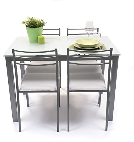 Homely® - Conjunto de Cocina con Mesa y 4 sillas Paris Grey, Mesa de Cocina Extensible de 110/140/170x70 cm y 4 sillas de Cocina, Color Gris y Blanco. Conjunto para Cocina práctico y Duradero