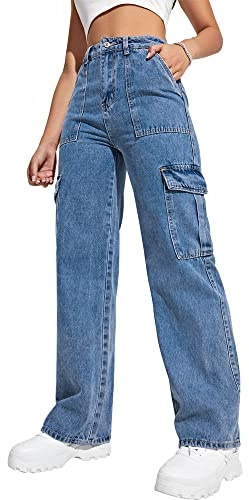 Flvsun - Pantaloni cargo da donna, a vita alta, modello baggy, jeans cargo, gamba dritta, stile Y2K, streetwear, con 6 tasche, per donne e ragazze adolescenti., Azzurro chiaro, M