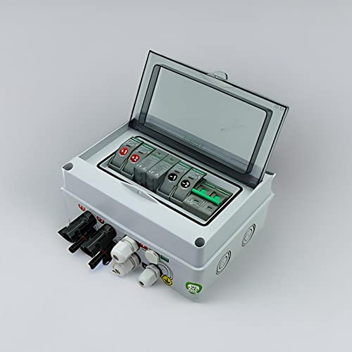 RANRAO Solar PV Combiner Box 2 In 1 Out PV Anschlusskasten 1000V mit 2P 550V DC für SPD, 1000V 15A DC-SICHERUNG und 2P 550V DC MCB, Solar PV Anschlusskasten IP65 für Solarmodul-System-Kit