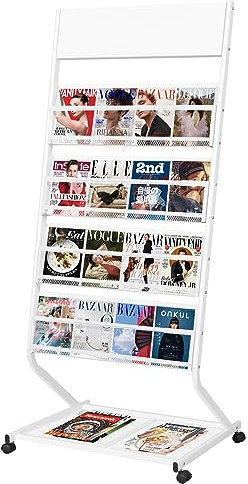 XIDIHF Stehender Zeitschriftenständer, Prospektständer, Literaturständer, 4-lagig, mit Rollen, Bücherregal, Informationsständer für Büro, Messe, lang, 50 cm (weiß)