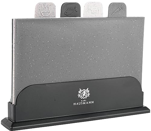 KARL HAUSMANN Schneidebrett Set Kunststoff 4-teilig mit Ständer, 29 cm | 4 Kunststoff Schneidebretter mit Ständer, rutschhemmender Oberfläche und Spülmaschinenpflege, Schwarz und Dunkelgrau