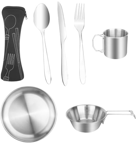 Juego de Cubiertos de Camping de 7 Piezas de Acero Inoxidable para 1 Persona - Incluye Plato, Taza, Cuenco y Cubiertos de Viaje