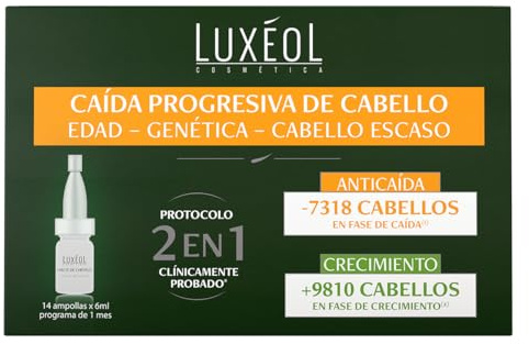 LUXÉOL - Serum Caída Progresiva De Cabello 2 en 1 - Favorece Anticaída Y Crecimiento Pelo - Clínicamente Probado - 98% Ingredientes De Origen Natural - Unisex - Programa de 1 mês - 14 Ampollas (6ml)