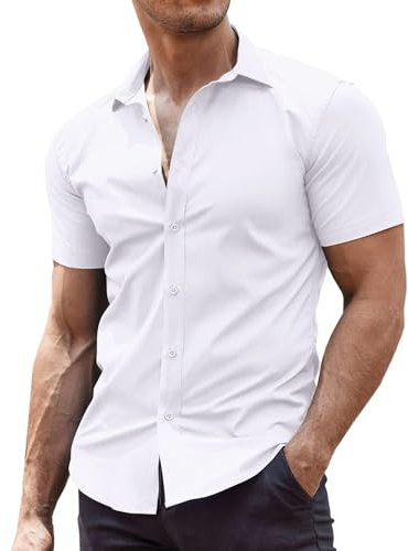 COOFANDY Mens Short Sleeved Summer Shirts Non Iron Dress Shirts Stretch Formal Shirt Muscle Fit Work Shirt Office Tops White XXL