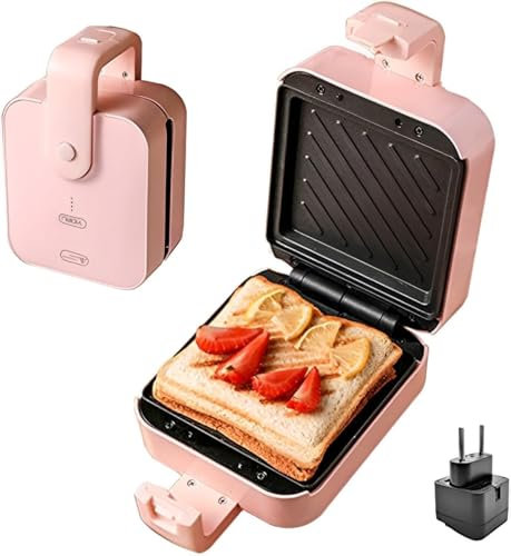 Sandwich Maker,Appareil à déjeuner portable chauffé et antiadhésif,Appareil Grill avec UE Adapteur, Paninis, Sándwichs 0% BPA,600w，Taille: 13.5 X 12.5 cm (Rose)