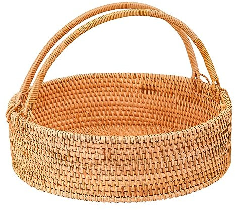 LALASUN LALASUN Rattan-Picknickkorb mit Griffen, runder Weidenkorb, handgewebter Korb für Obst, Korb für Hochzeit, Camping (27,9 x 27,9 x 10,9 cm)