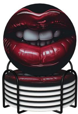 Getränkeuntersetzer mit Halter, weiße Zähne, rote Lippen, bedruckt, saugfähig, hitzebeständig, Keramik-Stein-Untersetzer mit Korkboden, Tischschutzmatte für Tassen, Tassen, Büro, Küche