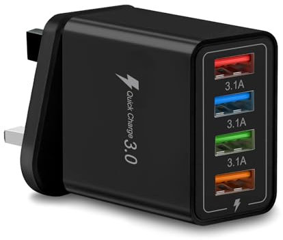Multi USB Plug Charger UK, 4-Port USB Wall Charger Plug, Charging Power Adapter with Smart Device-Adaptive Charging Technology for All Smartphone (Black)