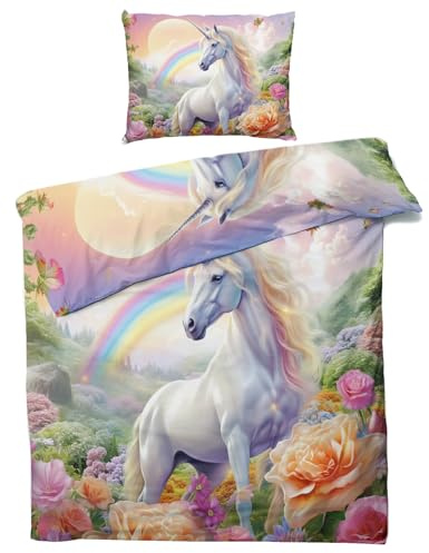 Einhorn Kinder Bettwäsche 135x200 Sommer - Regenbogen Blumen Bettbezug 135 x 200 2er Set, Weiche & Angenehme Mikrofaser Bettbezüge & Kissenbezug 80x80, Bettwäsche-sets mit Reißverschluss X&-56